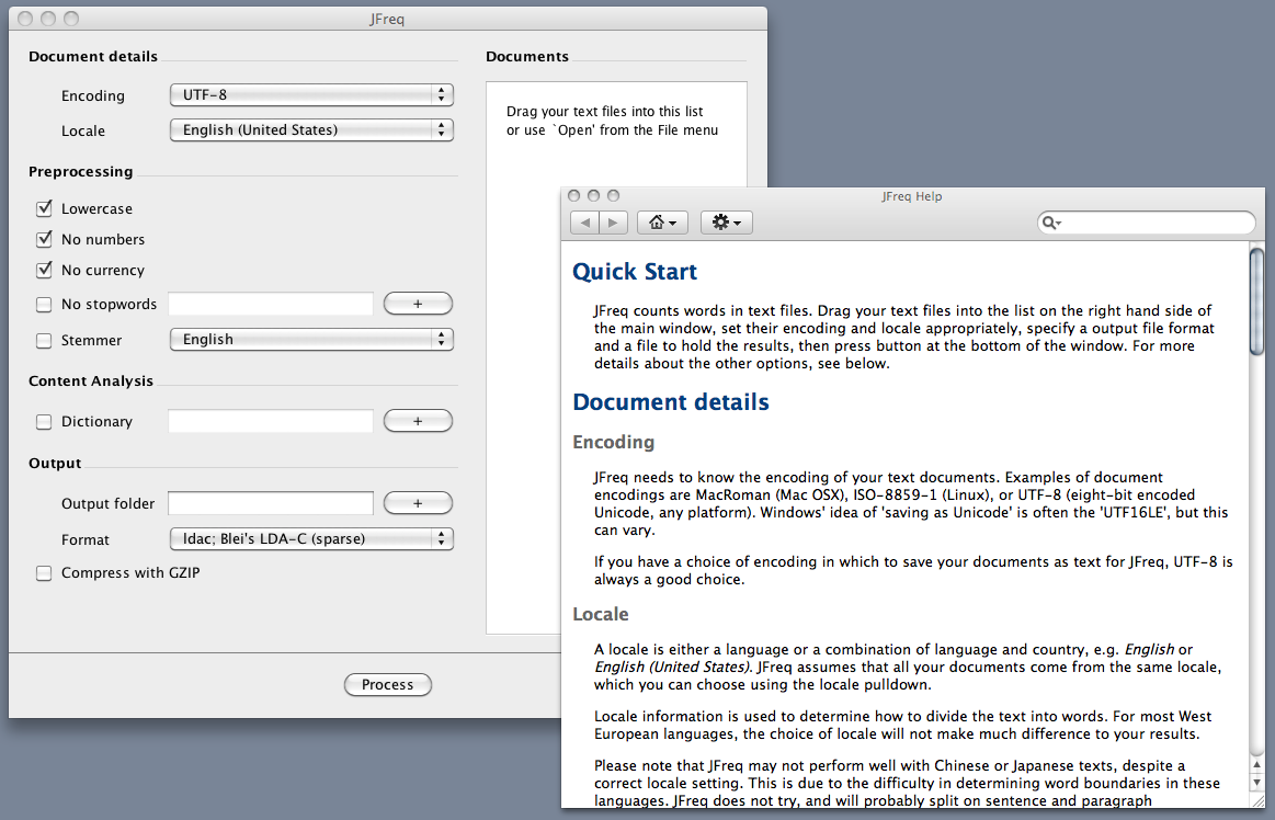 Screenshot of JFreq with help open, on a
Mac